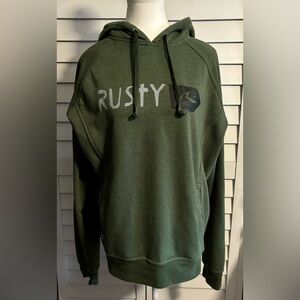 Rusty Vintage Hoodie Sweatshirt L 90s Y2K Surf Grunge Skate Green Faded Earplugs